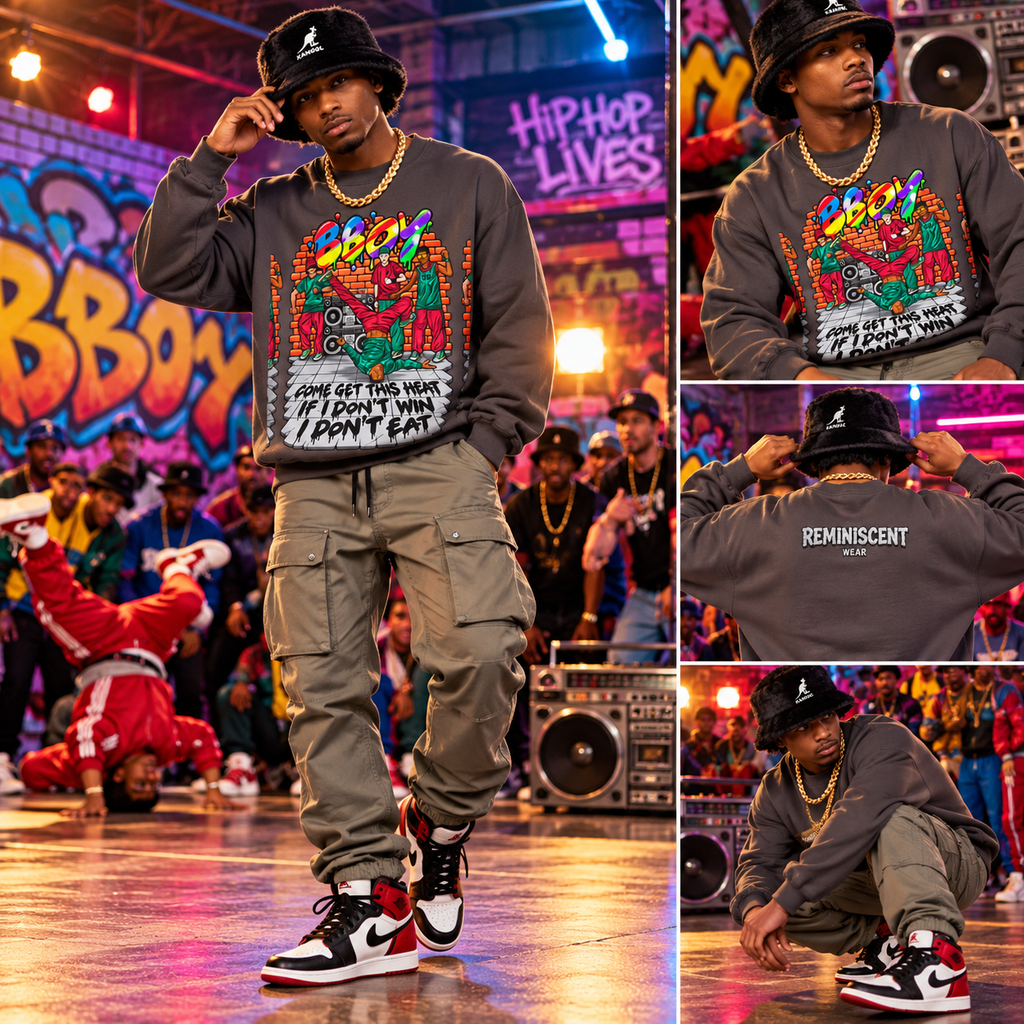 Reminiscent Wear B-Boy Sweatshirt — "Come Get This Heat" Retro Hip-Hop Crewneck