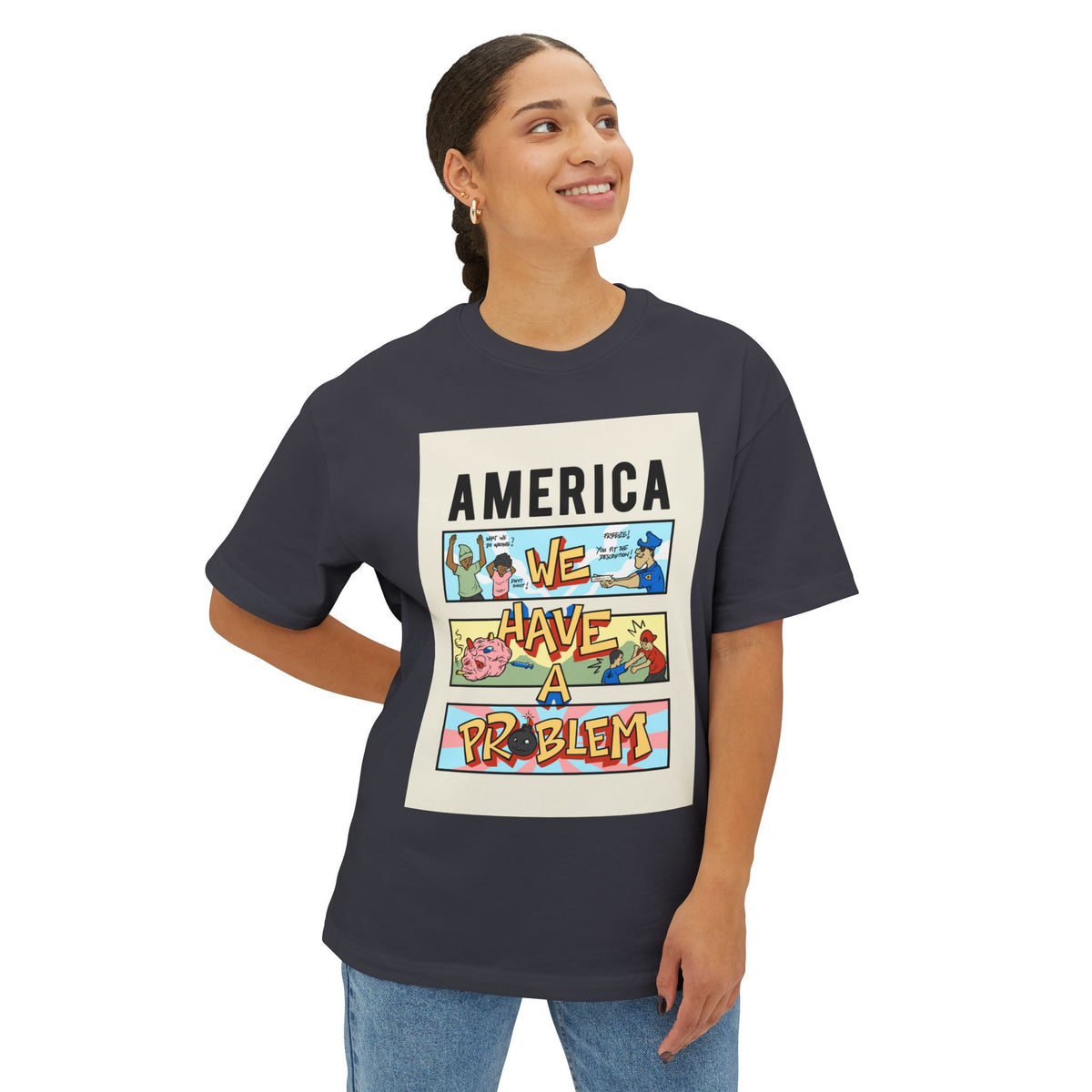 Reminiscent Wear — "America We Have a Problem"  Oversized Graphic Tee